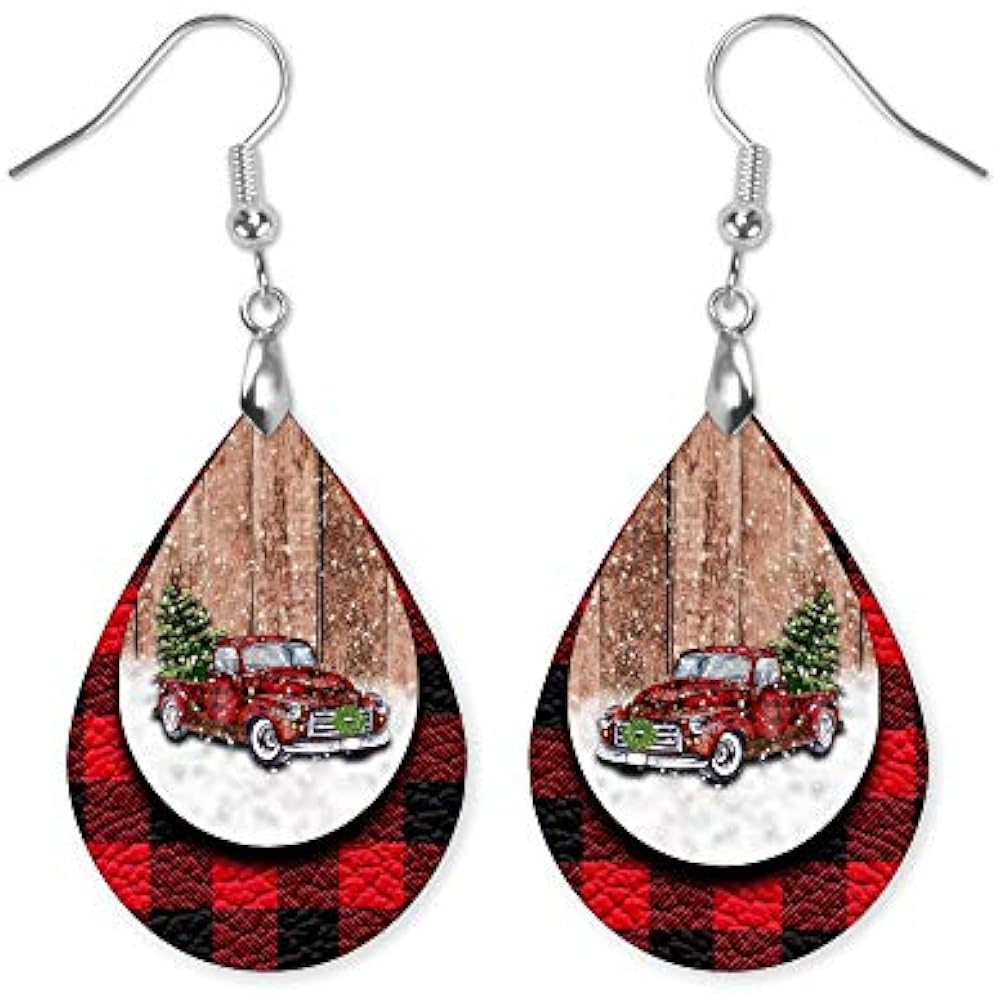 Red Truck Teardrop Earrings Buffalo Plaid Christmas Tree Handmade eBay