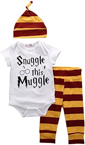 Newborn Boy Girl 3 Piece Snuggle this Muggle Bodysuit And Striped Pants Outfit with Hat (6-9 Month, Multicoloured)