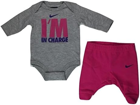 Nike Baby Girls "I'm In Charge" 2-Piece Set- Onesie, Pants- Grey/Pink (3-6 Months)