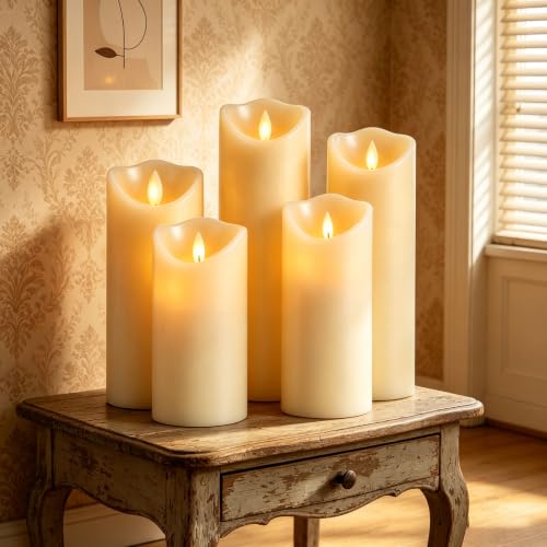 Da by - LED Candles, Set of 5 Decorative Candles (14cm, 15cm, 16cm, 18cm, 20cm), 10 Touch Flameless Candle, Flashing LED Flame, Made of Real Wax