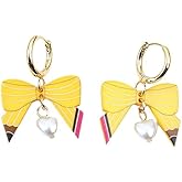 Teacher Earrings for Women Pencil Bow Shaped Earrings Dangle Earring Bow Trnedy Preppy Earrings Student Back to College Gift