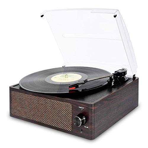 Bluetooth Record Player Belt-Driven 3-Speed Turntable, Vintage Vinyl Record Players Built-in Stereo Speakers, with Headphone Jack/ Aux Input/ RCA Line Out, Brown Wooden