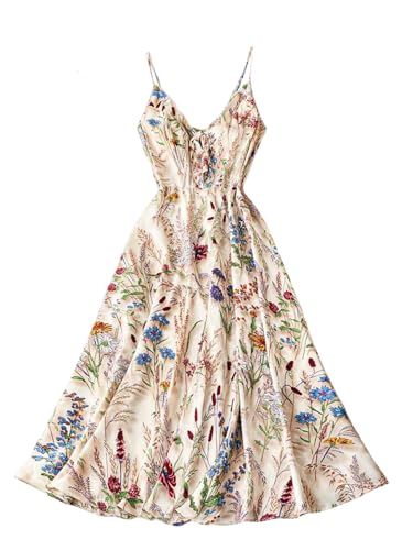 SOLY HUX Women's Summer Floral Dress Bow Tie V Neck Spaghetti Strap A Line Flowy Midi Dresses Boho Vacation Sundress Multicoloured Floral Large at Amazon
