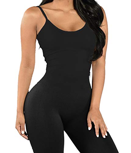 Women Bodysuit Romper Jumpsuits One Piece Body Full Suit Strap Tank with Long Pants Leggings Bodycon Sexy Tight Playsuit (Black Bodysuit Pants, M) - Thumbnail 5
