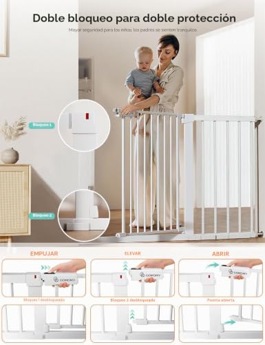 COMOMY 75-117cm Child Safety Barrier Stairs, Gate for Dogs Babies Automatic Closing with Red/Green Sign, Extra Wide Child Safety Fence Without Holes (76cm H, White)