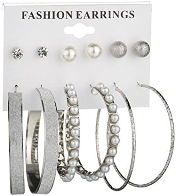 Challyhope Jewelry Beauty Clearance! Assorted Multiple Punk Big Hoop Earring Set Synthetic Pearls Ear Stud Set For Women Silver Tone 6 Pairs (Silver, Zinc alloy)