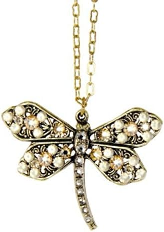 Anne Koplik Antique Brass Swarovski Golden Shadow Dragonfly Pendant Necklace