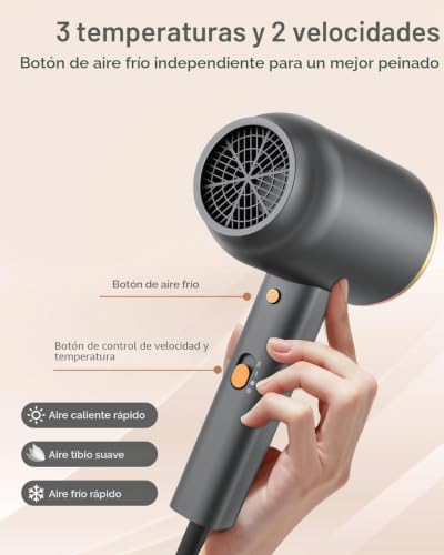 DEWILY 1800W Ionic Hair Dryer with Diffuser – Quick Drying with Hot/Cold Button, Thermostatic Diffuser, 3 Temperatures and 2 Speed, Includes Concentrator and for Curls, Black and Gold