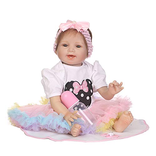 HOWWOH 55cm Silicon Smile Babydoll Colorful Skirt Pink Bow Headband Early Childhood Toy