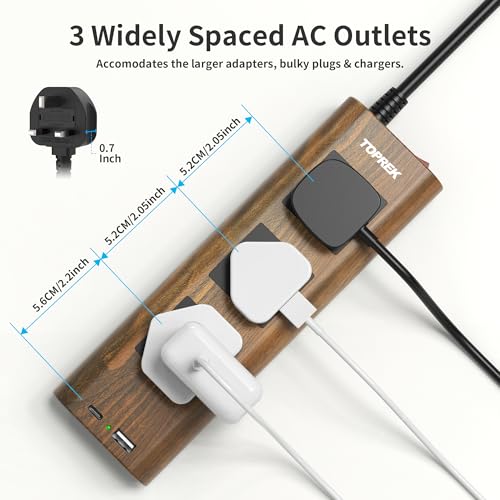 TOPREK Wood Grain 3 Way Extension Lead with USB Slots, Surge Protection, ON/OFF Switch, 13A/3250W, Extension Cable 2M for Home Kitchen Office
