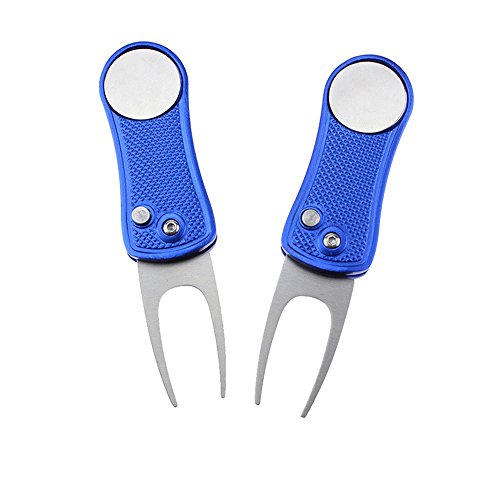 2 Pack Golf Divot Repair Tool - Stainless Steel Switchblade With Detachable Ball Marker (Blue)