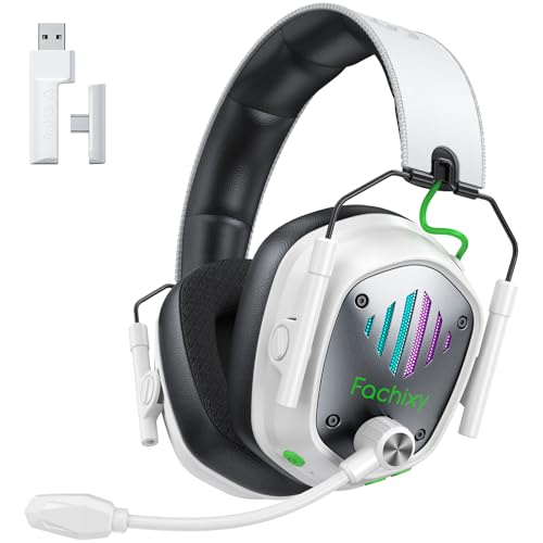 Fachixy Gaming Headset Wireless for PS4, PS5, Switch, PC, Mac, Laptop, 60H 2.4GHz Gaming Headset with Noise Cancelling Microphone, Wireless Bluetooth Headphones with LED Lights, Surround Sound