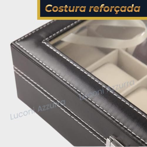 Porta-Relógio com 12 Compartimentos, Couro Sintético Preto, Tampa de Vidro e Almofadas Aveludadas