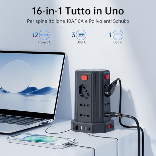 5 Metre Power Strip with 12 Universal Sockets 10/16A ITA and Schuko and 3 USB A+1 USB C Overvoltage Protection with 4 Independent Switches, Black