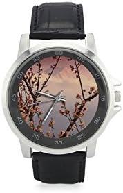 Birthday Gifts Beautiful Cherry Blossom Black Leather Strap Watch
