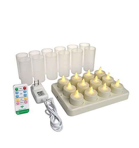 Happiness Light Safe DC Rechargeable Tea Light Candles(12pcs) with Timer 10key Remote Control and Holders 2A 3.5Hours DC Charging Base,Flameless Flickering Warm White Light.