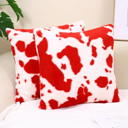 TOMWISH Set of 2 Decorative Throw Pillow Covers White Red Faux Fur Cozy Soft Decorative Throw Pillow Covers 16X16 Inch Cowhide Fluffy Plush Pillowcase Cushion Case for Sofa Couch