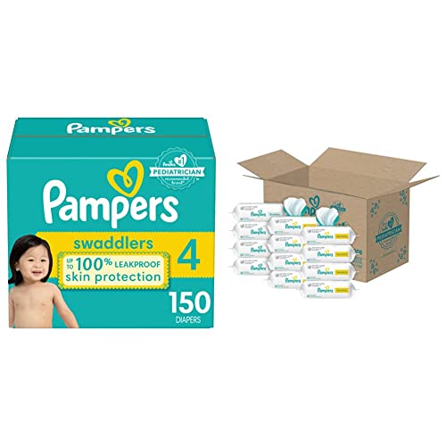Diapers Size 4, 150 Count and Baby Wipes Pampers Swaddlers