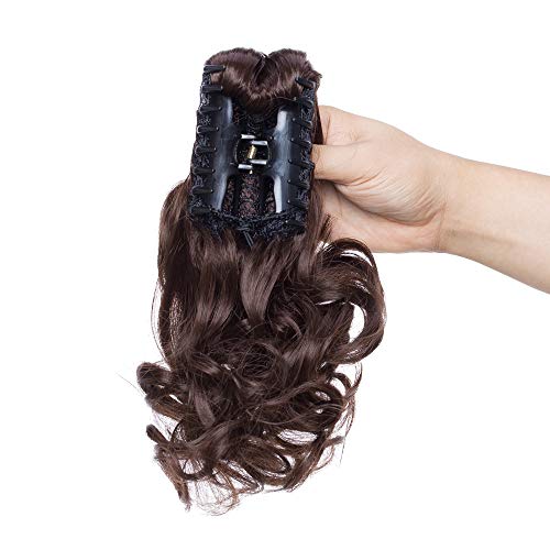 S-noilite 12" Short Curly Claw Ponytail Extension Clip In On Hairpiece With Jaw/Claw Synthetic Fluffy Pony Tail One Piece(12"curly,medium brown)