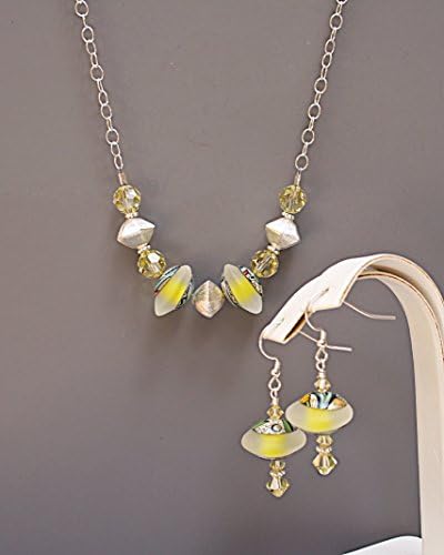 Yellow Art Glass Necklace & Earrings Jewelry Set Sterling Silver Designer Jewelry Collection