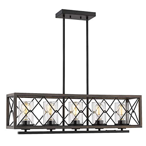 Zeyu 5-Light Kitchen Island Lighting, Farmhouse Pendant Lighting with Clear Glass, Wood and Black Finish, 011-5 WF/BK