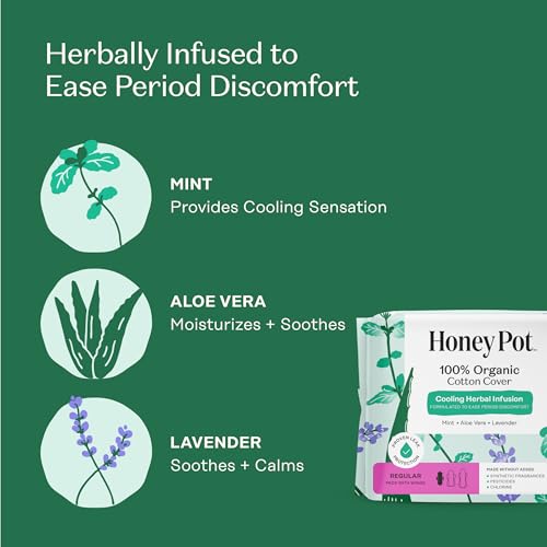 The Honey Pot Company - Herbal Sanitary Pads for Women - Regular Flow w/Wings - Infused w/Essential Oils for Cooling Effect & Organic Cotton Cover - Feminine Care - 20 ct
