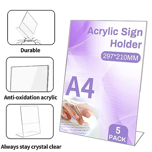 Sagreeny A4 Acrylic Sign Holder,5 Pack L-Shape Display Stands, Poster Menu Holder, Clear Plastic Holders Stands For Table Restaurant Hotel Documents Office (A4-L 5Pack)
