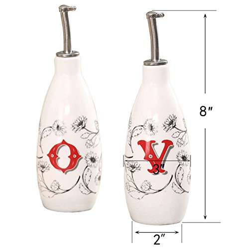 Olive Oil Bottle Set Ceramic Dispenser Porcelain Vinegar Cruet 9oz. with Stainless Steel Leak Proof Pourer Spout for Cooking or Salad Dressing by CEDAR HOME, 2 Pack, Farmer Market