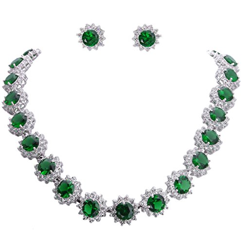 EVER FAITH Elegant Star Round Prong Emerald Color CZ May Birthstone Necklace Earrings Set