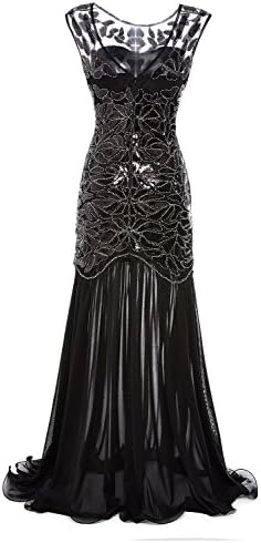 gastbypty Women's 1920s Black Sequin Gatsby Maxi Long Evening Prom Dress