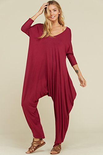 Annabelle Women's Back Open Cross Jumpsuit 3/4 Sleeve Sweetheart Neck with Side Pockets Berry Small J8002