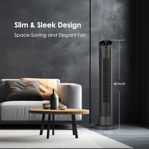 Oraimo 40" Silent Tower Fan with Remote Control 10m, 50W Powerful DC Brushless Motor, 4 Speeds,3 Wind Modes,12H Timer, 90° Oscillation, LED Display, Fan Standing for Bedroom Home Office
