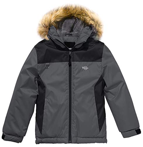 Wantdo Boy's Outdoor Waterproof Hooded Ski Jacket Winter Coat Black+Grey,6-7