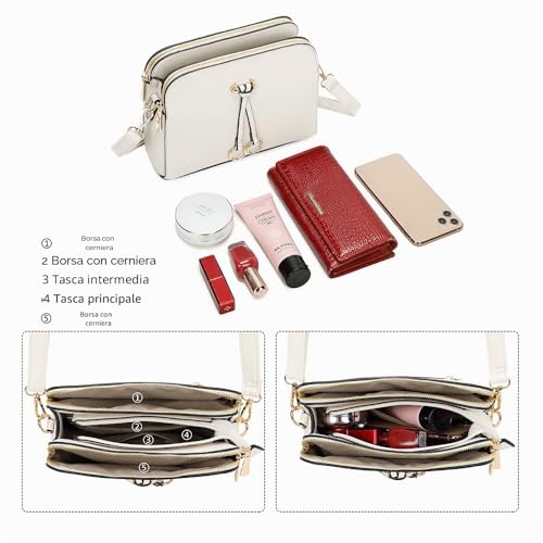 ELIOX Women's Small Shoulder Bag with 3 Large Compartments – Hand Bag PU Leather Synthetic – Fashion Handbag Shoulder Bags – Crossbody Bag