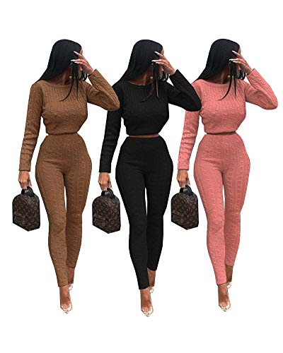 Women Casual 2 Piece Outfits Sweaters Tops Skinny Pants Sets Jumpsuits Coffee S