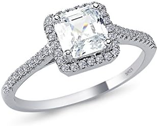 925 Solid Sterling Silver 7mm Cushion Halo AAAAA+ Gem Grade Quality ASSCHER Cut Total 1 CARAT Bridal Sets Anniversary Promise Engagement Wedding CZ Ring Comfort Fit and Rhodium Plated