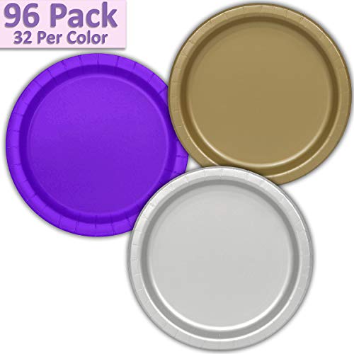 96 Paper Dinner Plates (9") - Gold, Neon Purple, Silver - 32 Per Color, 3 Colors - Great Assortment for Birthday Parties, Weddings, Holidays, Baby Shower, Celebrations, and more