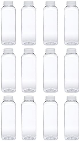 16oz Clear Square PET Plastic Bottles with Tamper Evident Caps, Set of 12 Bottles and 12 caps (white)