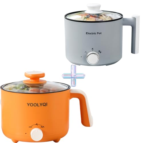 YOOLYQI 2 Electric Hot Pot:1.5 L Ramen Cooker, Dual Power Mini Portable Multi-Functional Lazy Pot for Pasta, Noodles, Egg, Soup, Non-Stick Noodle Cooker with Boil Dry Protection for Dorm, Office