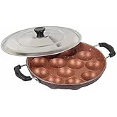 Granite Finish Nonstick Tosaa Aluminium 12 Cavity Appam Patra Paniyarakkal Side Handle with Steel lid, 1 Scrubber, and 1 Picker in Heavy Base