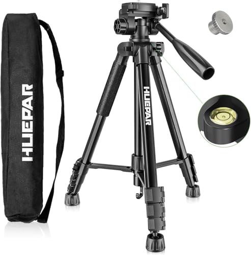 Huepar 146 cm Lightweight Portable Tripod for Laser, Adjustable Construction Tripod with 3-Way Swivel Head, Spirit Levels, 1/4 Inch and 5/8 Inch Thread Connection for Various Tools