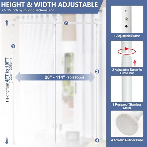 Dsocool Room Divider No Drilling Curtain Rod Wall Divider for Room Separation, 122-305cm(H) 70-290cm(W) Adjustable, Heavy Duty Partition Space Separator Freestanding Tension Curtain Stand, White