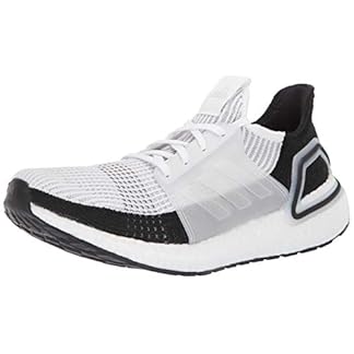 Adidas Men’s Ultraboost 19 running shoe, White/Grey, side view, featuring breathable mesh upper and cushioned midsole.