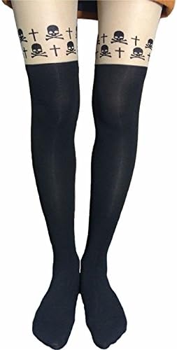Veemy Women's Fun Pattern Printed Tattoo Pantyhose Stockings Skull