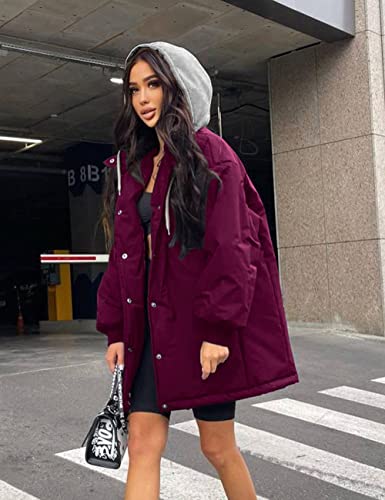 PRETTYGARDEN WOMEN’S 2023 HOODED PUFFER JACKETS LONG SLEEVE BUTTON DOWN BELTED WARM WINTER TRENCH COAT OUTERWEAR WITH POCKETS (PURPLE RED,X-SMALL)