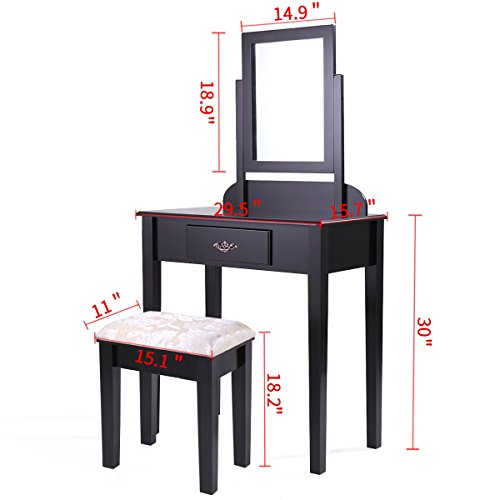 JAXPETY New Black 3 pc Set Boudoir Makeup Cosmetic Mirror Vanity Table Desk W/Bench - Thumbnail 3