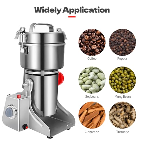 Carivia Molino de granos eléctrico 800g,Molino granos acero inoxidable 304,Molinos especias comerciales alta velocidad de 3000W para trigo seco, avena, maíz, pimienta y granos café