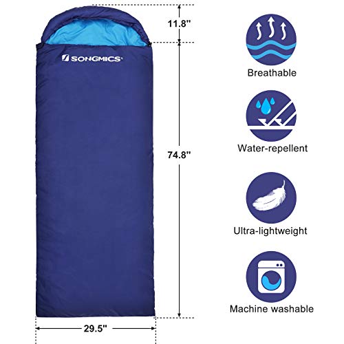 SONGMICS Sleeping Bag with Hood for 20℉-50℉, Lightweight Portable with Compression Sack, for 3 Season Traveling, Camping, Hiking, Backpacking, Outdoor Activities