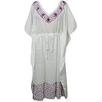 Mogul Interior Womens Kaftan Maxi Dress White Embroidered Bikini Cover Up Caftan L