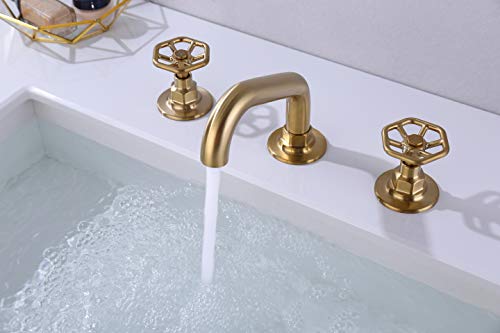 RKF Solid Brass Two Handle Widespread Bathroom Sink Faucet with Pop-up Drain with overflow and CUPC Faucet Supply Hoses,Brushed Gold,CWF026C-BG
